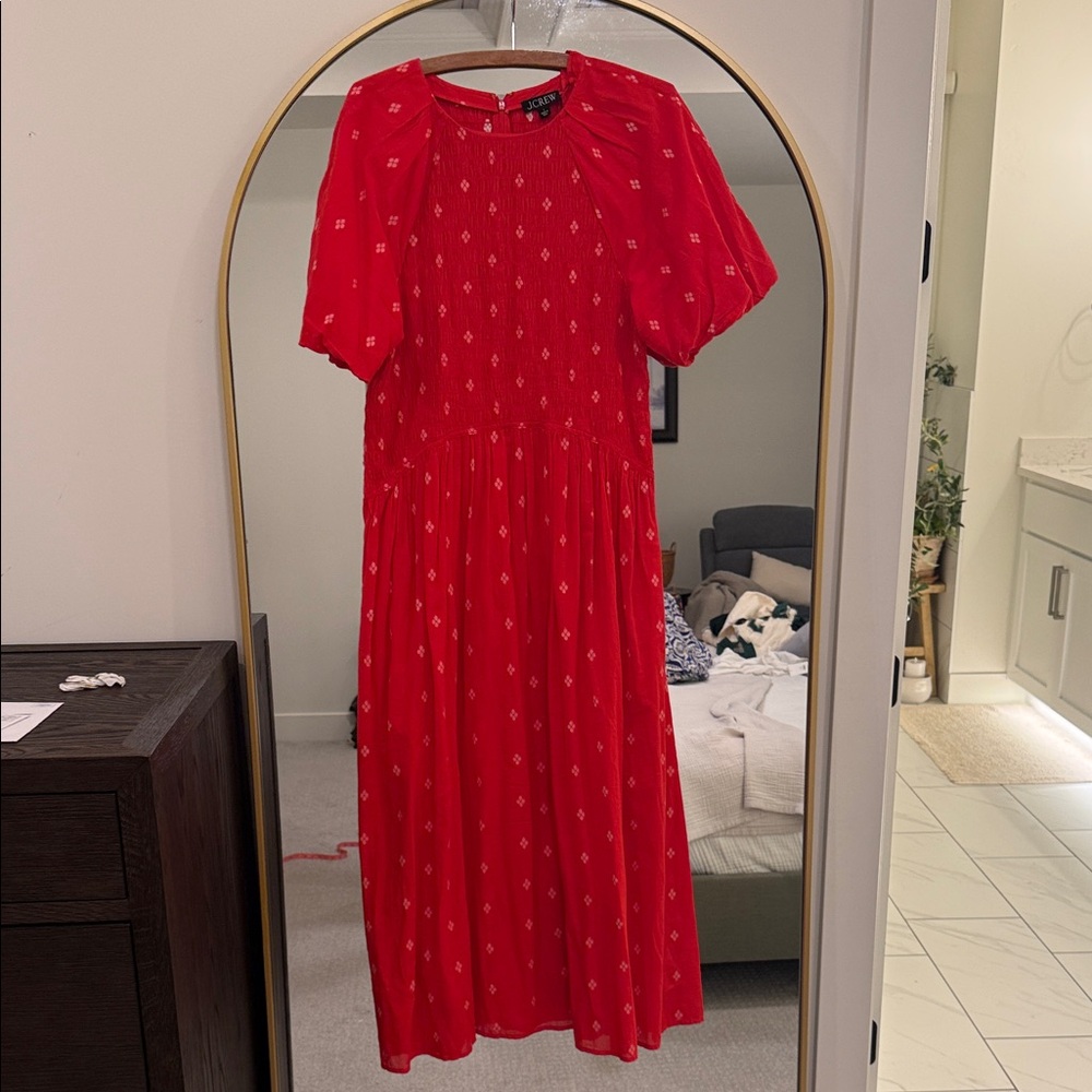 J. Crew Red Midi Dress with Subtle Diamond Print